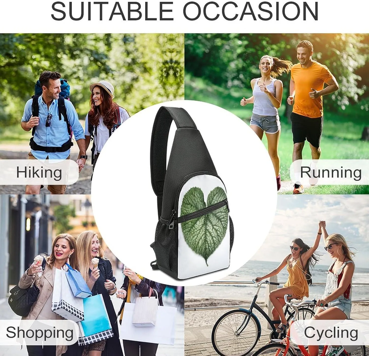Small Sling Chest Bag Crossbody Bag for Men Women,Green Plant Leaves Lightweight Gym Daypack for Travel Cycling Hiking