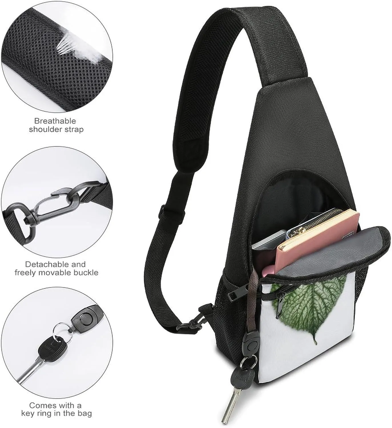 Small Sling Chest Bag Crossbody Bag for Men Women,Green Plant Leaves Lightweight Gym Daypack for Travel Cycling Hiking