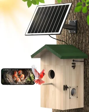 Smart Bird House Camera Solar Powered, 2K HD Wi-Fi Bird Watching Cam for Birdhouse, Auto Detect & Notify, Night Vision, APP Control, Wooden Birdhouse with Camera Inside