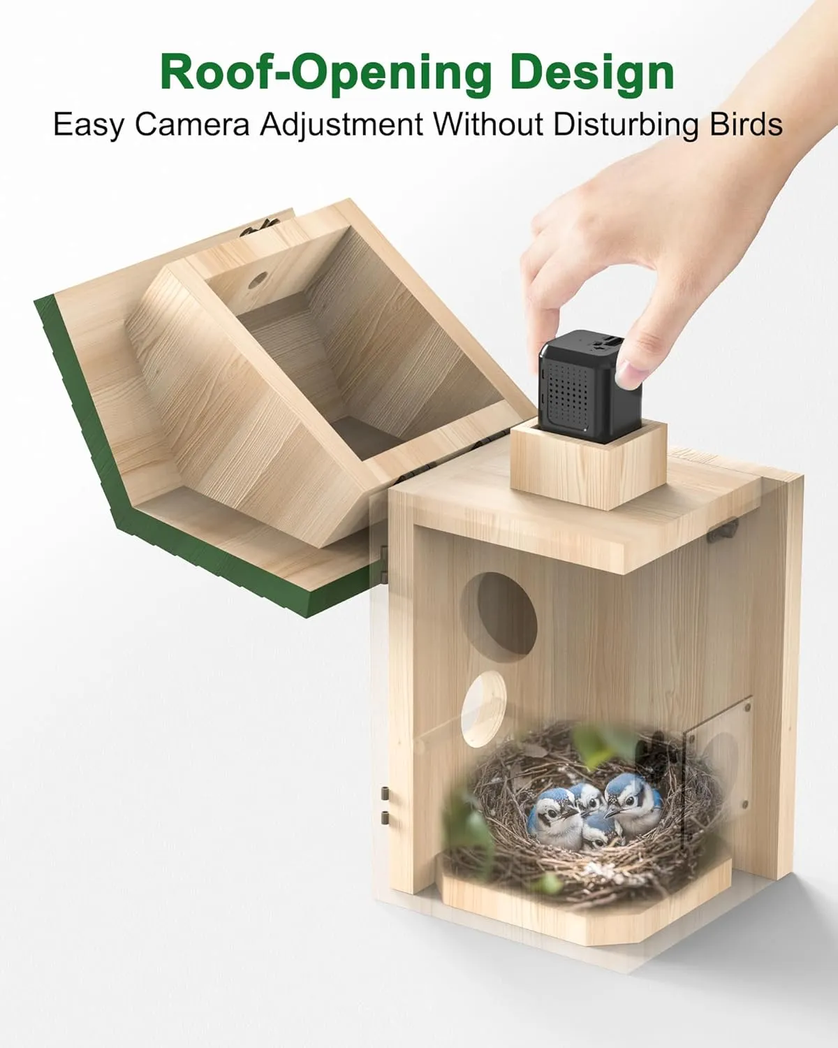 Smart Bird House Camera Solar Powered, 2K HD Wi-Fi Bird Watching Cam for Birdhouse, Auto Detect & Notify, Night Vision, APP Control, Wooden Birdhouse with Camera Inside