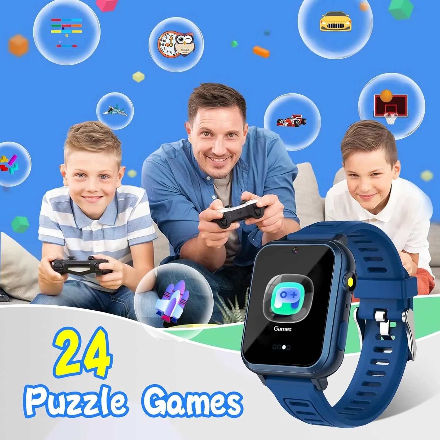 Smart Watch for Kids with 24 Puzzle Games HD Touch Screen Camera Video Music Player Pedometer Alarm Clock Flashlight 12/24 hr Kids Watches Gift for 4-12 Year Old Boys Girls Toys for Kids
