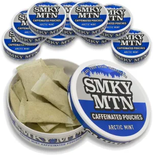 Smokey Mountain Caffeinated Pouches - Arctic Mint - Tobacco Free and Nicotine Free - 10 Can Box - 15 Pouches Per Can