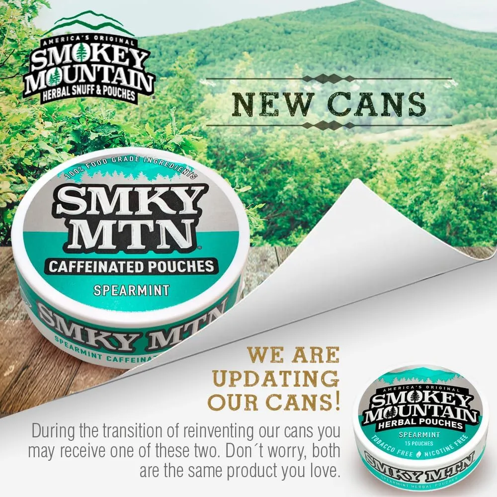 Smokey Mountain Caffeinated Pouches - Spearmint - Tobacco Free and Nicotine Free - 10 Can Box - 15 Pouches Per Can