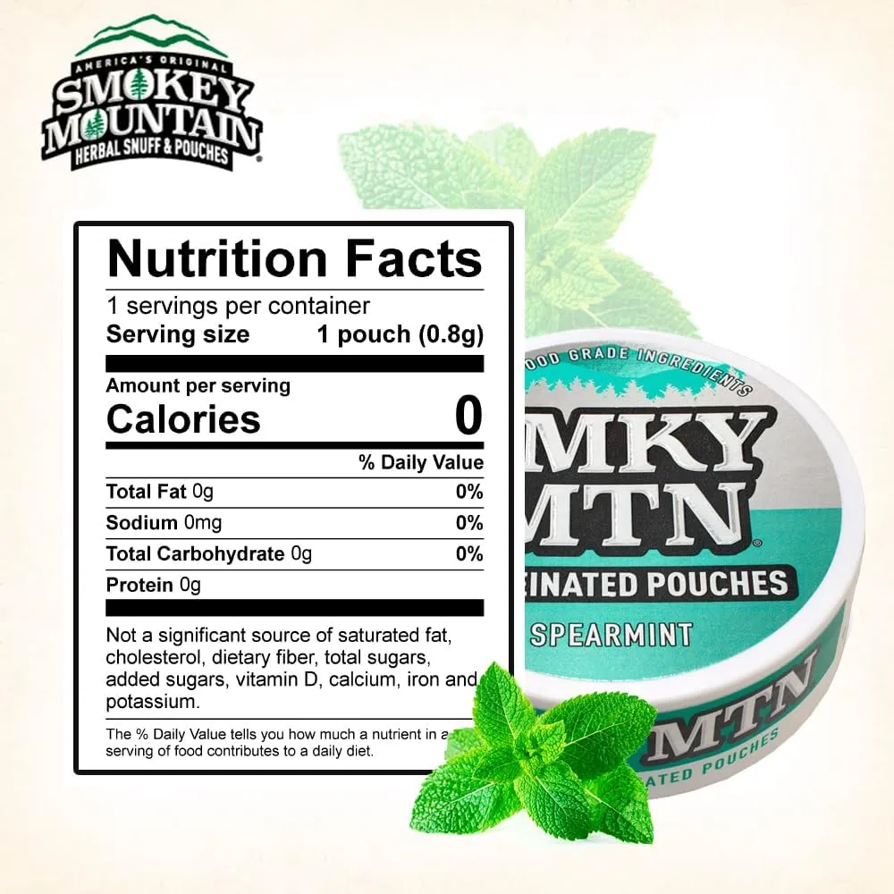 Smokey Mountain Caffeinated Pouches - Spearmint - Tobacco Free and Nicotine Free - 10 Can Box - 15 Pouches Per Can