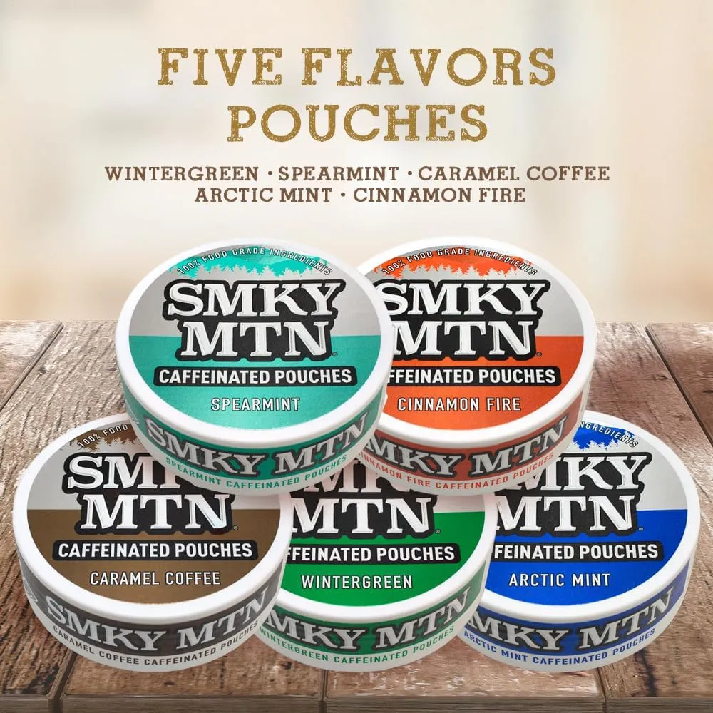 Smokey Mountain Caffeinated Pouches - Spearmint - Tobacco Free and Nicotine Free - 10 Can Box - 15 Pouches Per Can