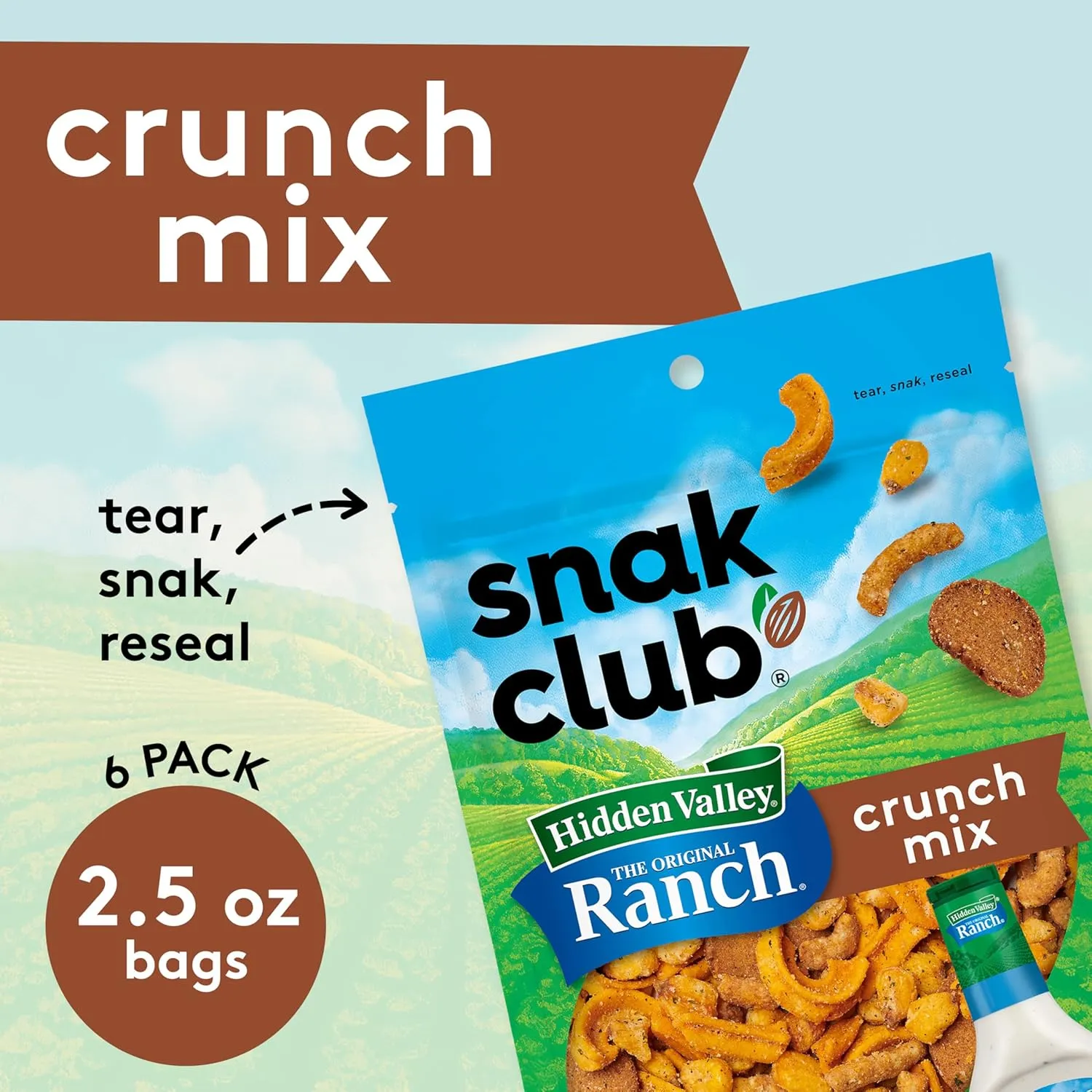 Snak Club Crunch Mix with Hidden Valley Ranch Seasoning, Toasted Corn, Chili Cheese Corn Jacks, Sesame Sticks, and Rye Chips, Kosher Snack, 2.5 oz Snack Bags, 6 Pack