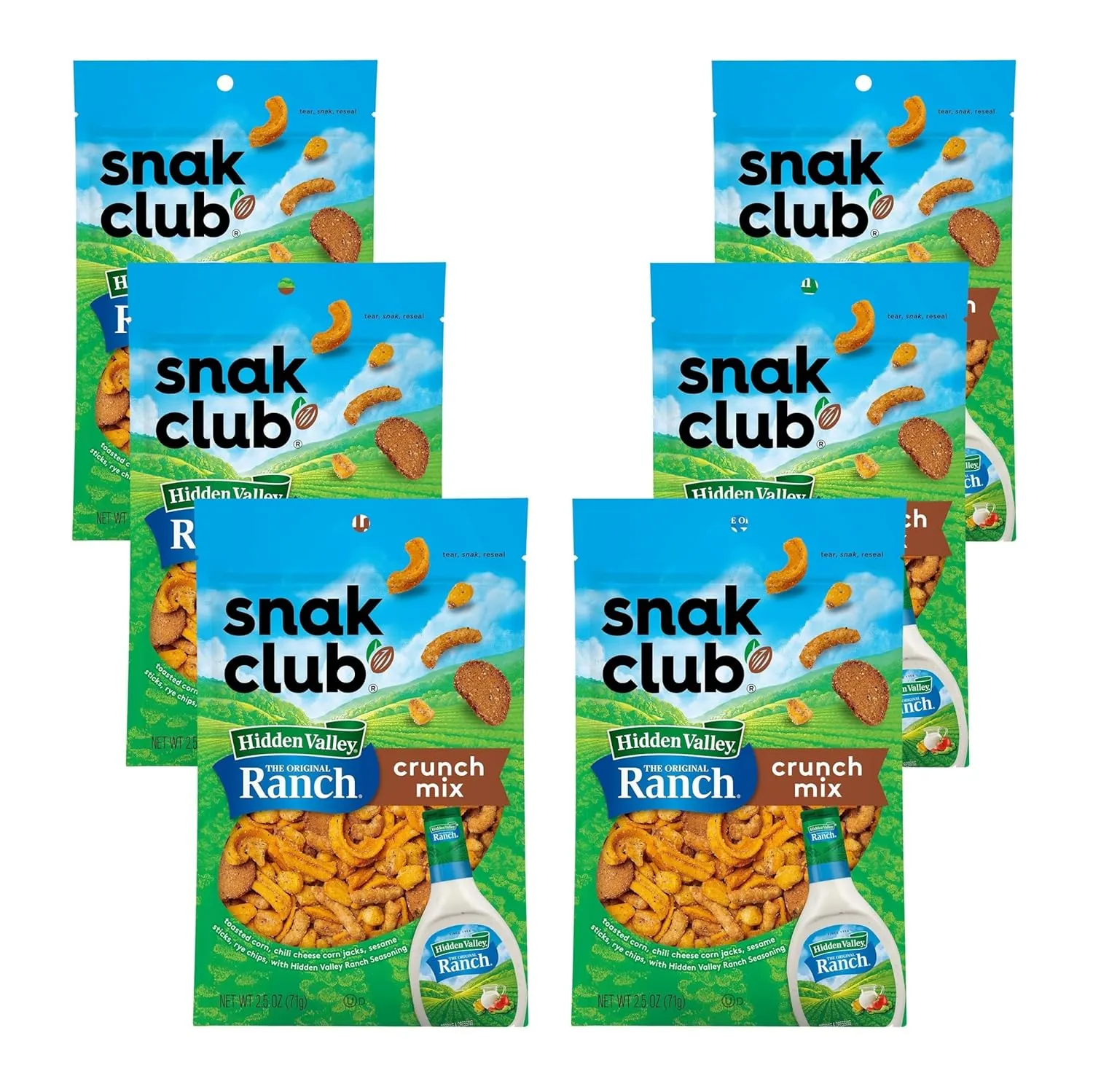 Snak Club Crunch Mix with Hidden Valley Ranch Seasoning, Toasted Corn, Chili Cheese Corn Jacks, Sesame Sticks, and Rye Chips, Kosher Snack, 2.5 oz Snack Bags, 6 Pack