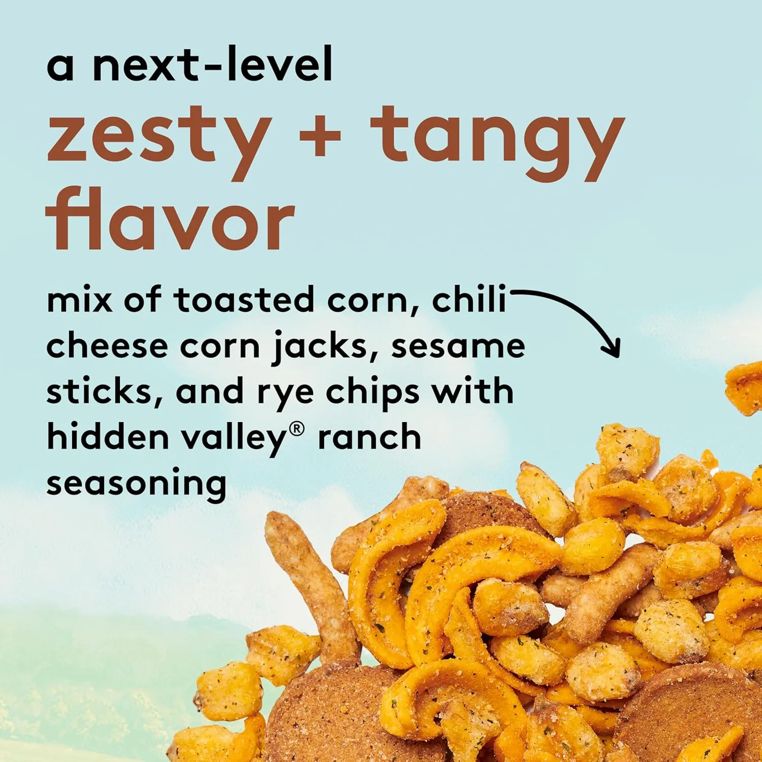 Snak Club Crunch Mix with Hidden Valley Ranch Seasoning, Toasted Corn, Chili Cheese Corn Jacks, Sesame Sticks, and Rye Chips, Kosher Snack, 2.5 oz Snack Bags, 6 Pack