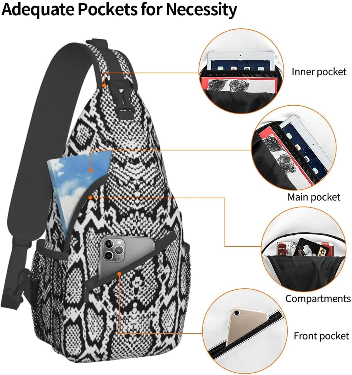 Snake Shoulder Bag Snake Skin Sling Backpack Daypack Casual Backpack Hiking Bag Cool Backpack Bag
