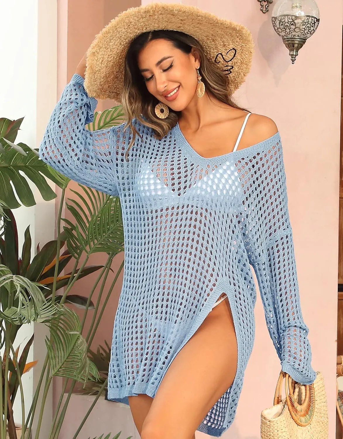 SOCIALA Swimsuit Cover Up for Women Crochet Tops Side Split Swim Bikini Bathing Suit Beach Coverups Loose Fit Swimwear Dress