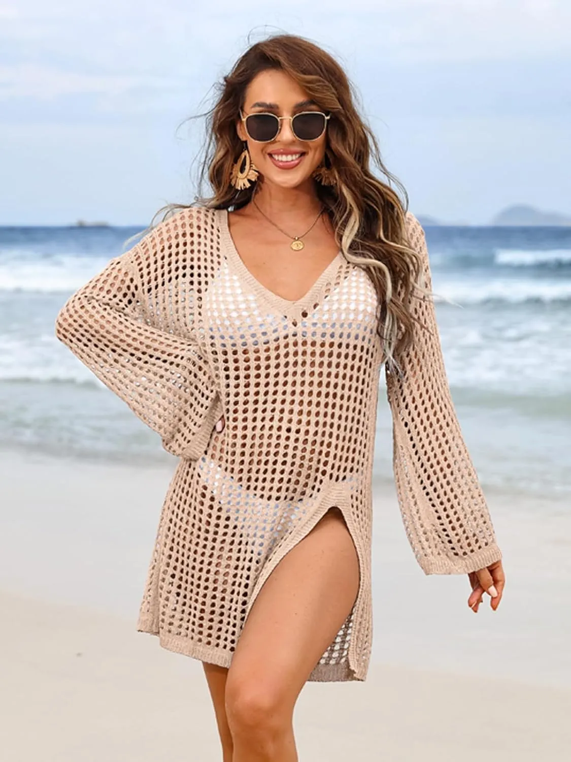 SOCIALA Swimsuit Cover Up for Women Crochet Tops Side Split Swim Bikini Bathing Suit Beach Coverups Loose Fit Swimwear Dress