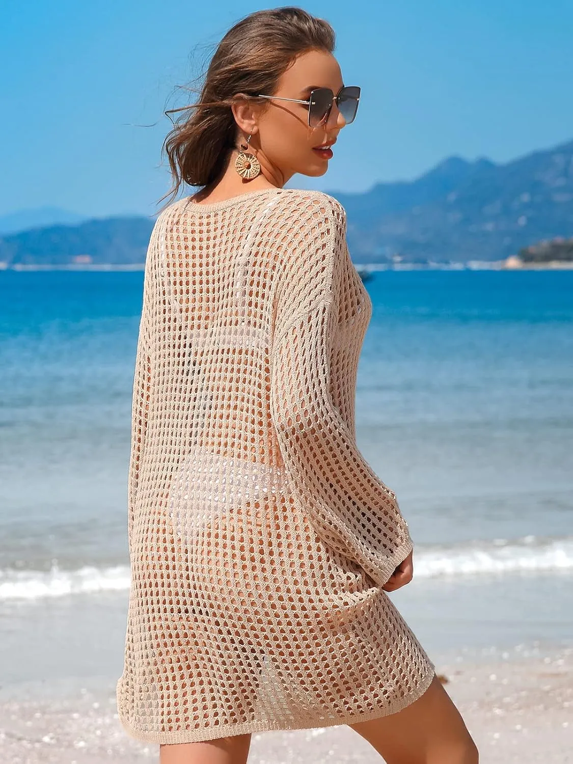 SOCIALA Swimsuit Cover Up for Women Crochet Tops Side Split Swim Bikini Bathing Suit Beach Coverups Loose Fit Swimwear Dress
