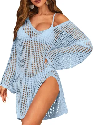 SOCIALA Swimsuit Cover Up for Women Crochet Tops Side Split Swim Bikini Bathing Suit Beach Coverups Loose Fit Swimwear Dress