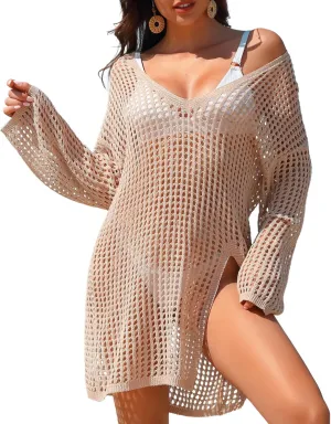 SOCIALA Swimsuit Cover Up for Women Crochet Tops Side Split Swim Bikini Bathing Suit Beach Coverups Loose Fit Swimwear Dress