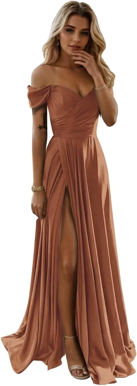 SoDigne Women's Off The Shoulder Bridesmaid Dresses with Slit Long Satin Formal Evening Party Gowns