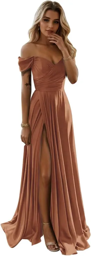 SoDigne Women's Off The Shoulder Bridesmaid Dresses with Slit Long Satin Formal Evening Party Gowns