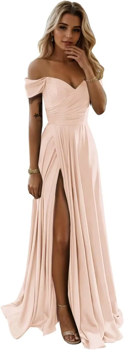 SoDigne Women's Off The Shoulder Bridesmaid Dresses with Slit Long Satin Formal Evening Party Gowns