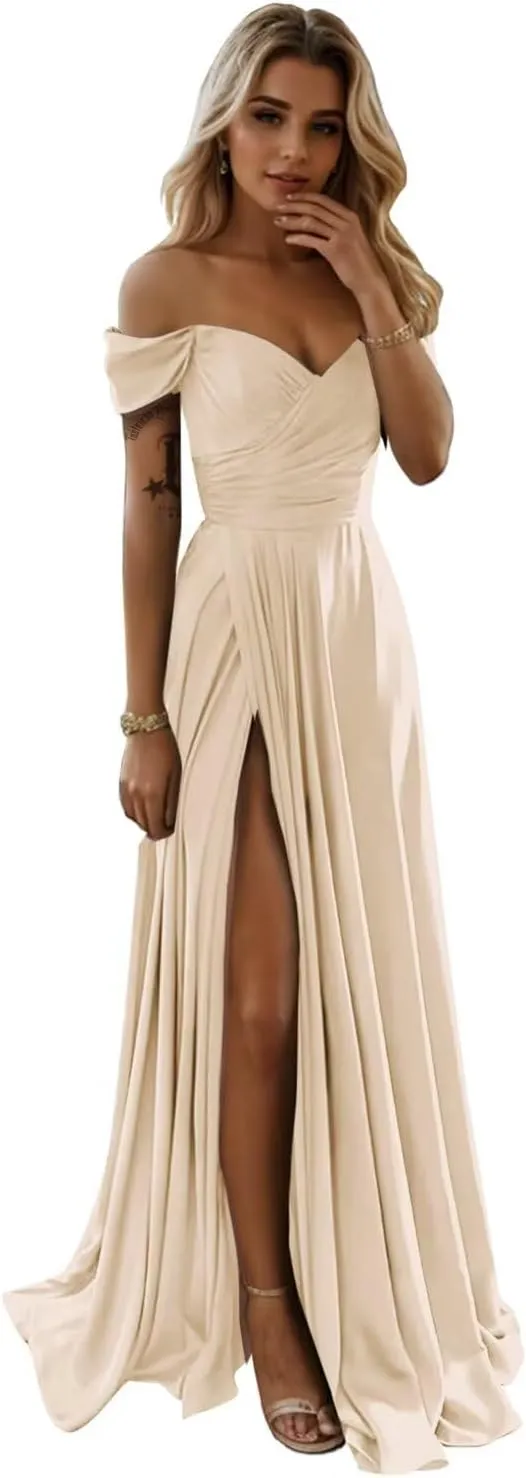 SoDigne Women's Off The Shoulder Bridesmaid Dresses with Slit Long Satin Formal Evening Party Gowns