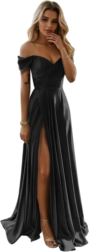 SoDigne Women's Off The Shoulder Bridesmaid Dresses with Slit Long Satin Formal Evening Party Gowns