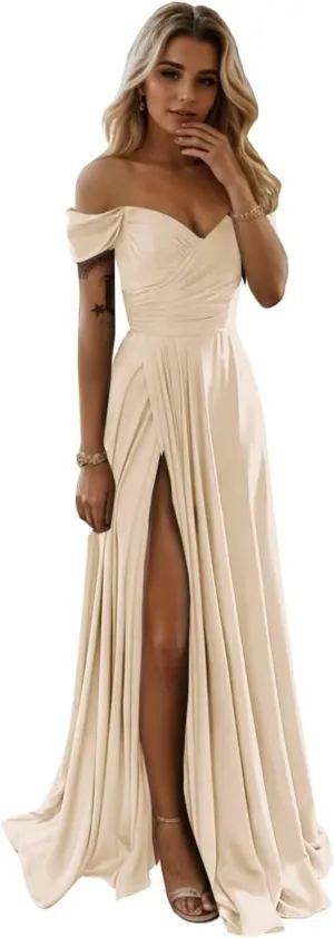 SoDigne Women's Off The Shoulder Bridesmaid Dresses with Slit Long Satin Formal Evening Party Gowns