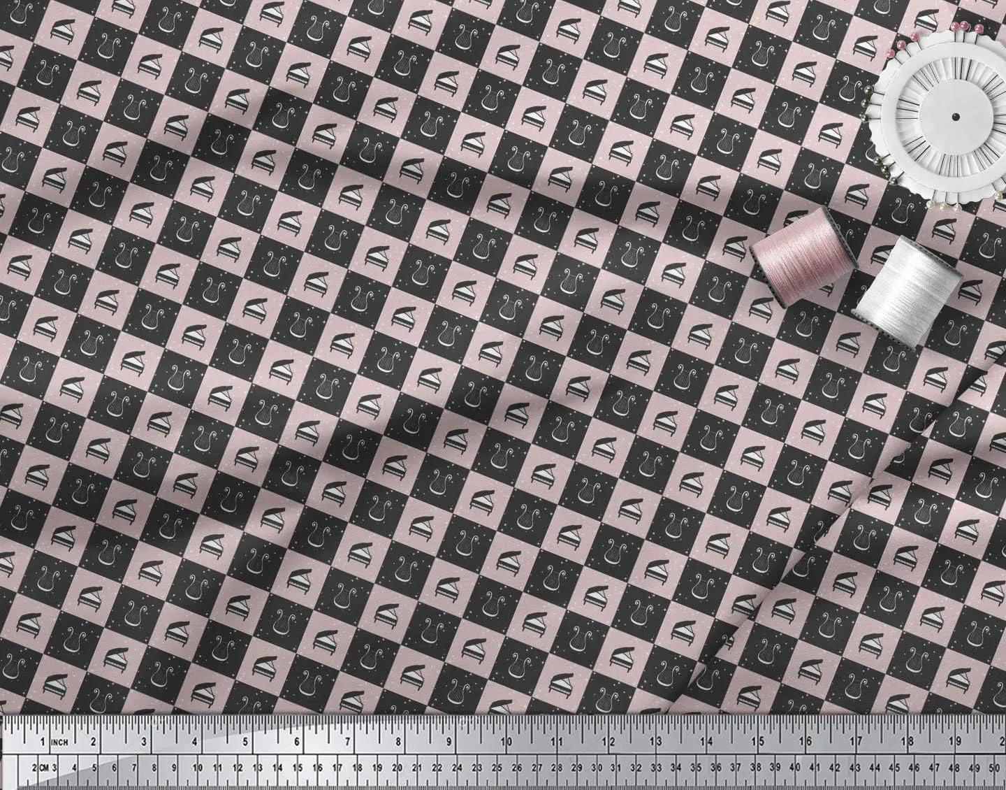 Soimoi Heavy Canvas Pink Fabric - by The Yard - 58 Inch Wide - Stars & Piano Musical Instrument Textile - Celestial and Melodic Patterns for Various Projects Printed Fabric