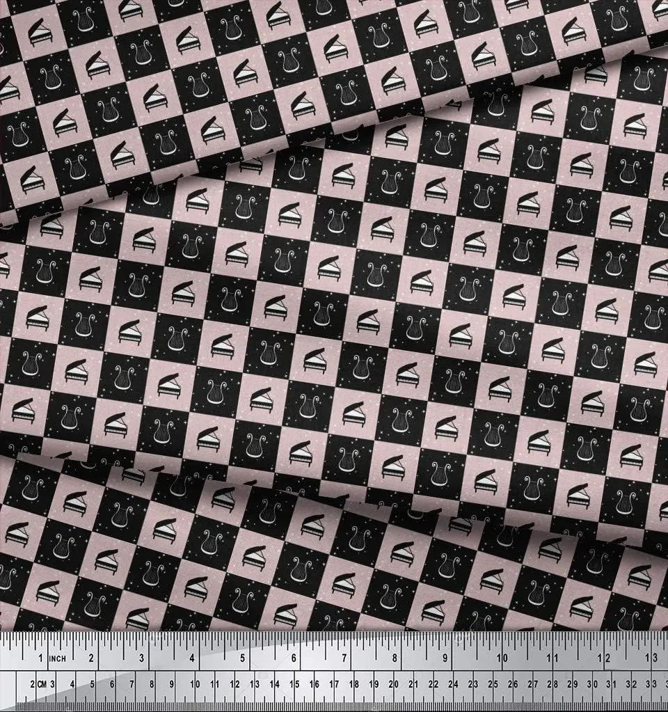 Soimoi Heavy Canvas Pink Fabric - by The Yard - 58 Inch Wide - Stars & Piano Musical Instrument Textile - Celestial and Melodic Patterns for Various Projects Printed Fabric