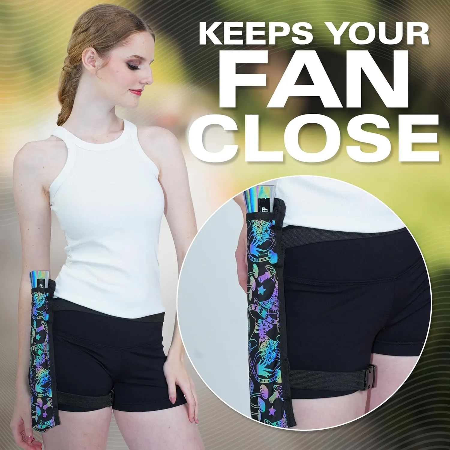 SoJourner Bags Rave Fan Holster - Rave Fan Holder - Rave Festival Accessories | Hand Fan Holder & thigh holster for Rave Essentials Shroom - Reflective