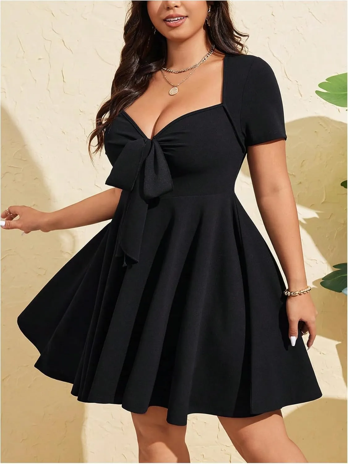 SOLY HUX Women's Plus Size Bow Tie Short Sleeve Summer Short Dress Cocktail Beach Wedding Dresses