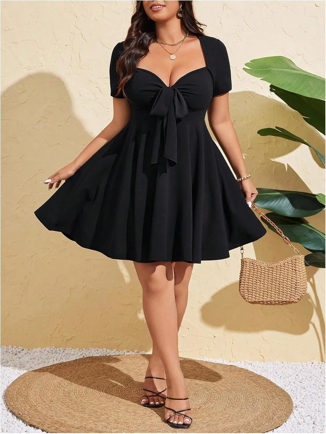 SOLY HUX Women's Plus Size Bow Tie Short Sleeve Summer Short Dress Cocktail Beach Wedding Dresses