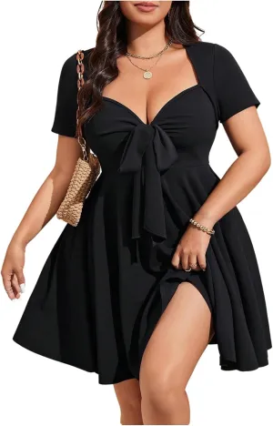 SOLY HUX Women's Plus Size Bow Tie Short Sleeve Summer Short Dress Cocktail Beach Wedding Dresses