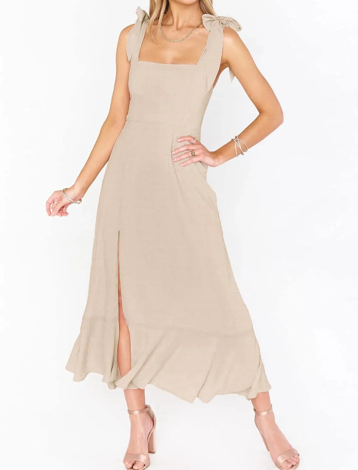 SOMTHRON Women's Summer Tie Strap Midi Dress Square Neck Flowy Ruffle Side Slit Cocktail Long Dress with Belt