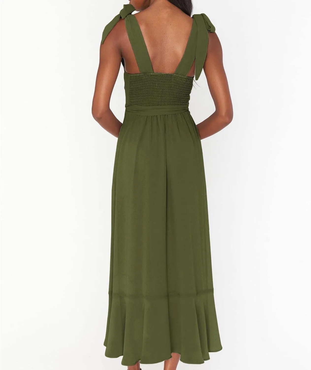 SOMTHRON Women's Summer Tie Strap Midi Dress Square Neck Flowy Ruffle Side Slit Cocktail Long Dress with Belt