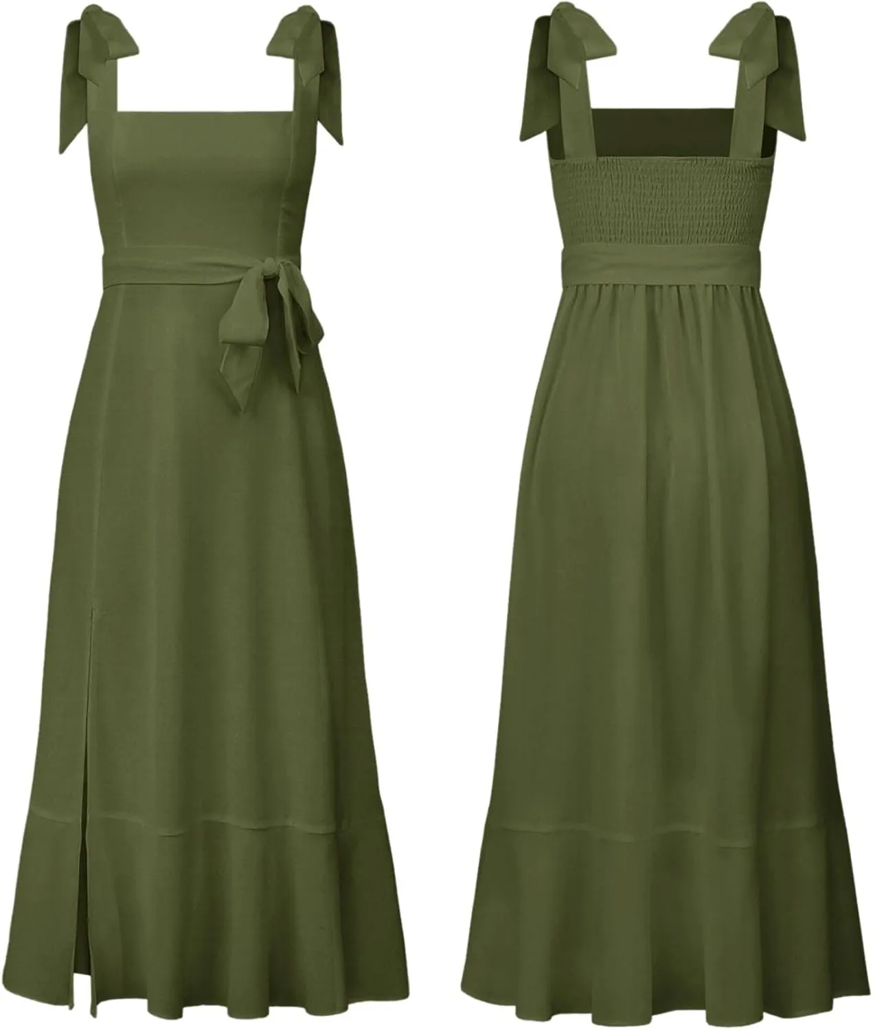 SOMTHRON Women's Summer Tie Strap Midi Dress Square Neck Flowy Ruffle Side Slit Cocktail Long Dress with Belt
