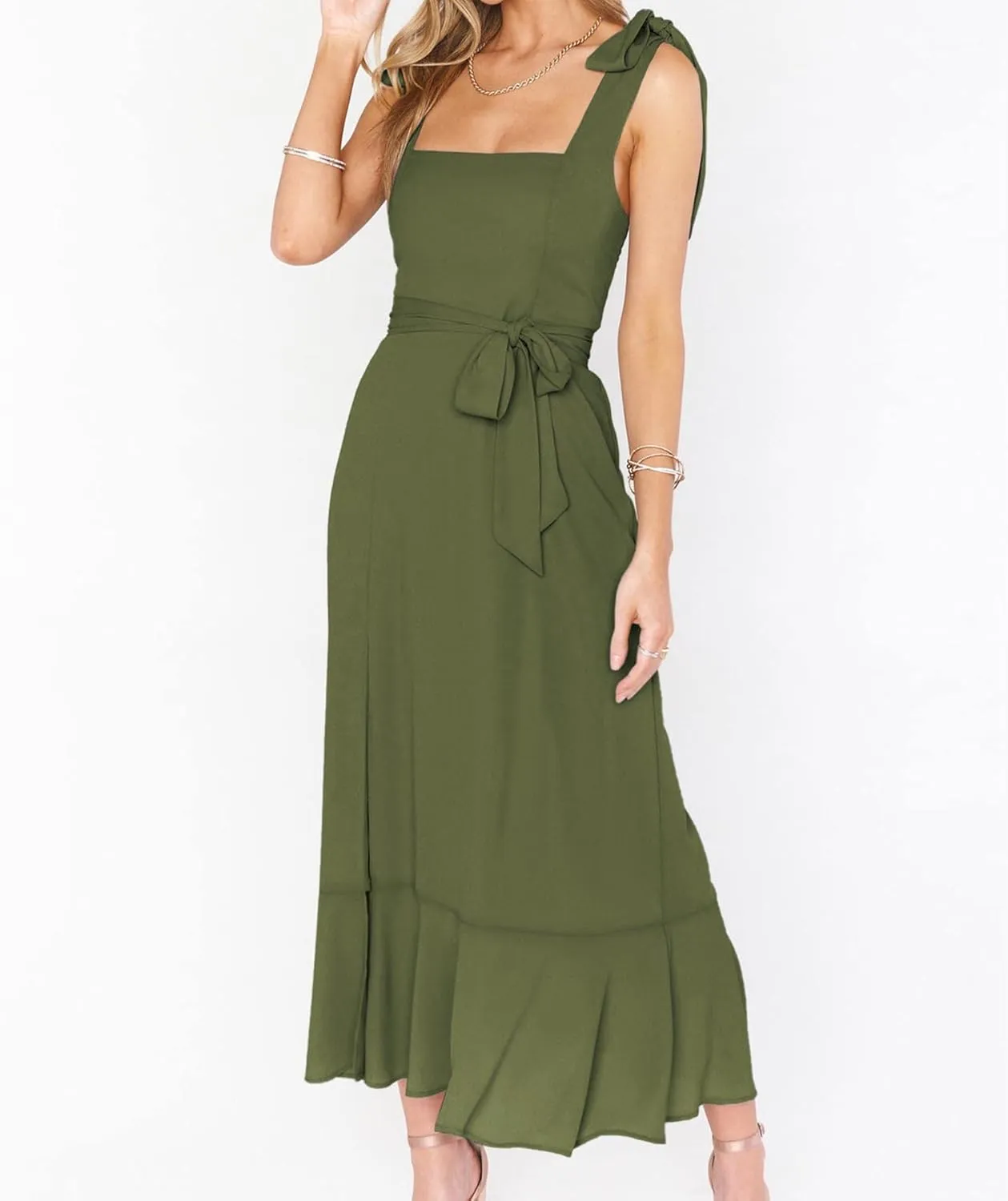 SOMTHRON Women's Summer Tie Strap Midi Dress Square Neck Flowy Ruffle Side Slit Cocktail Long Dress with Belt