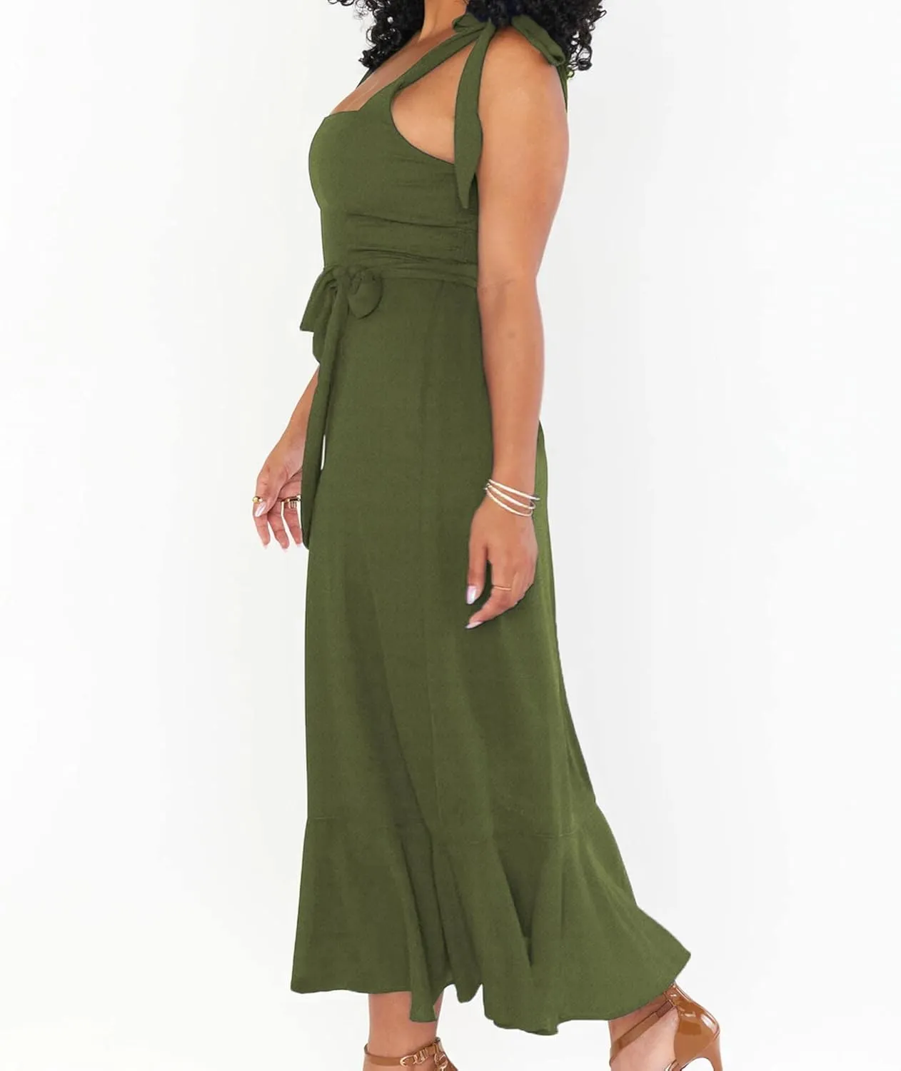 SOMTHRON Women's Summer Tie Strap Midi Dress Square Neck Flowy Ruffle Side Slit Cocktail Long Dress with Belt