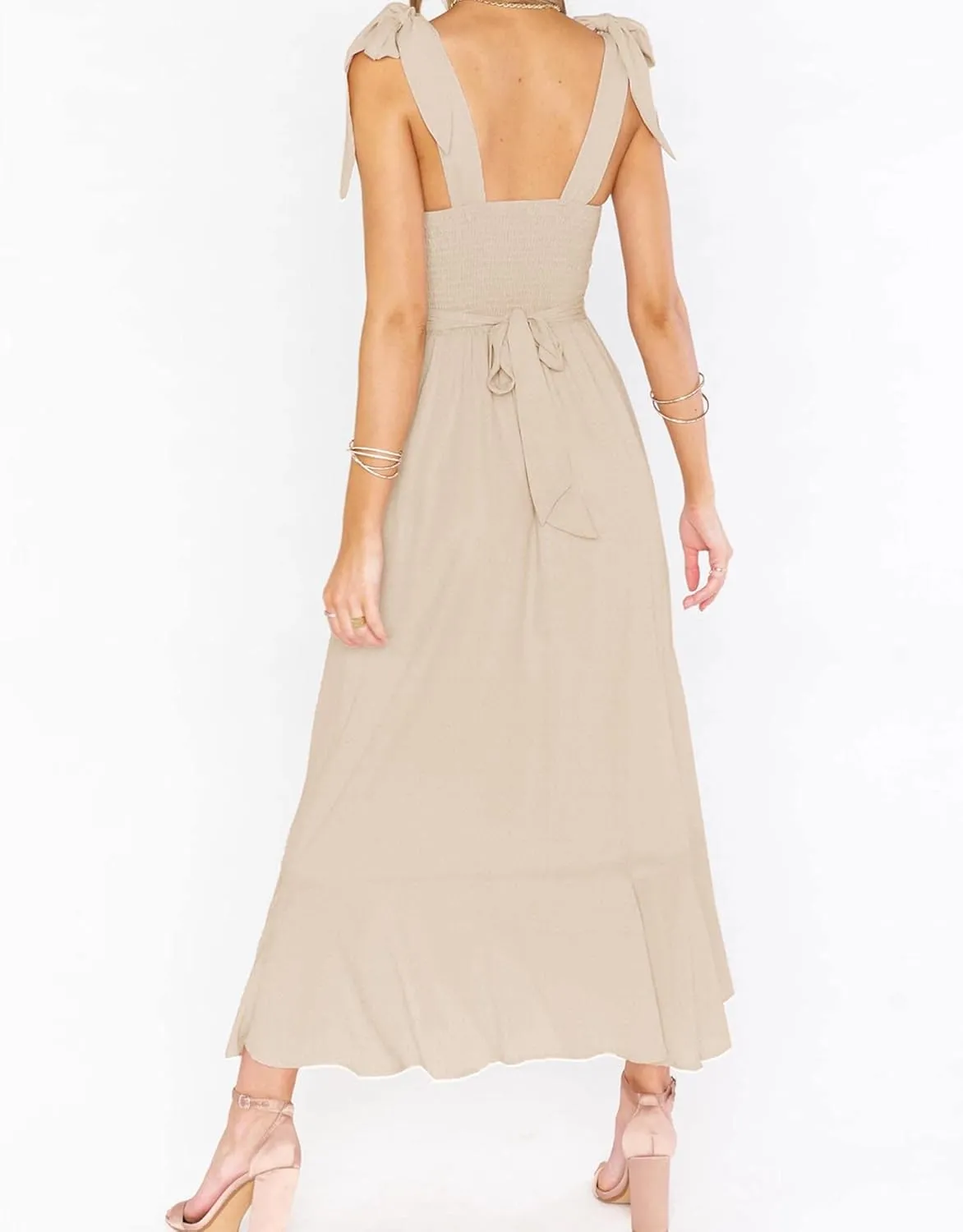 SOMTHRON Women's Summer Tie Strap Midi Dress Square Neck Flowy Ruffle Side Slit Cocktail Long Dress with Belt