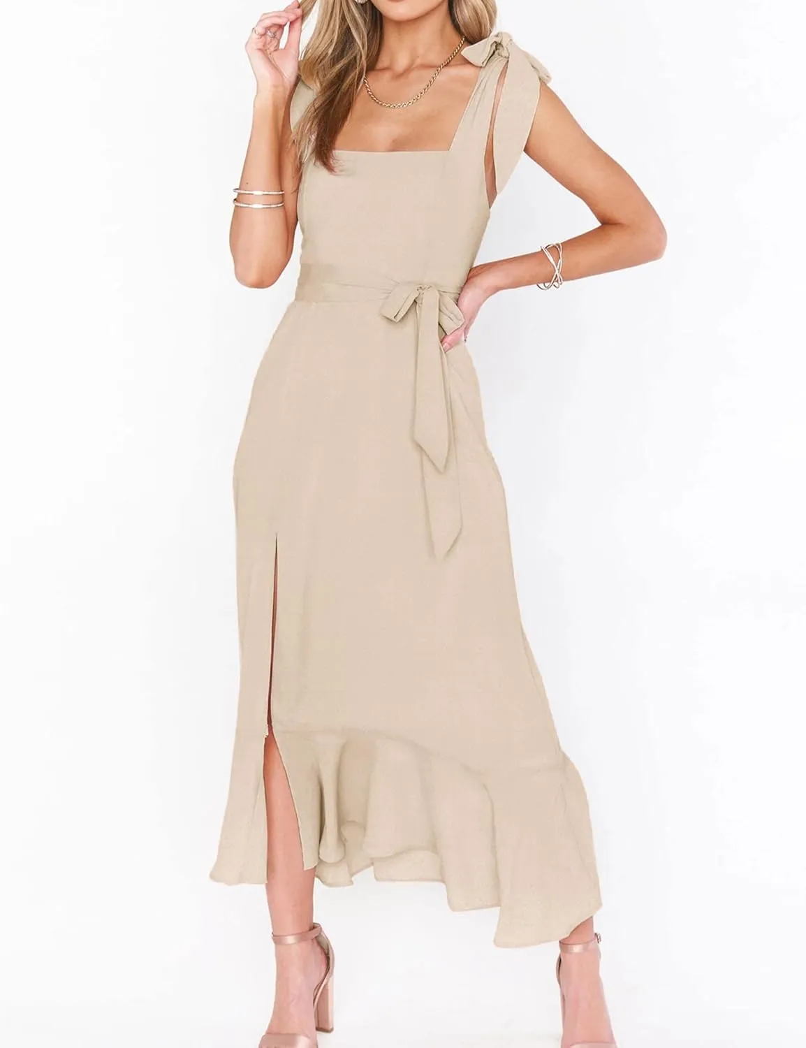 SOMTHRON Women's Summer Tie Strap Midi Dress Square Neck Flowy Ruffle Side Slit Cocktail Long Dress with Belt