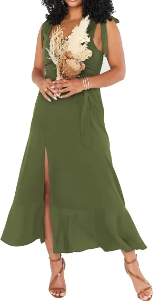SOMTHRON Women's Summer Tie Strap Midi Dress Square Neck Flowy Ruffle Side Slit Cocktail Long Dress with Belt