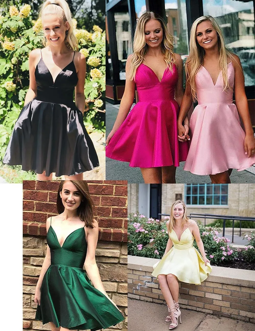 Spaghetti Strap Satin Homecoming Dresses for Teens 2025 V Neck A Line Short Prom Dress with Pocket Bridesmaid Gown