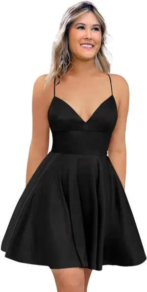 Spaghetti Strap Satin Homecoming Dresses for Teens 2025 V Neck A Line Short Prom Dress with Pocket Bridesmaid Gown