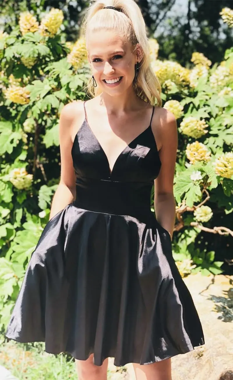 Spaghetti Strap Satin Homecoming Dresses for Teens 2025 V Neck A Line Short Prom Dress with Pocket Bridesmaid Gown