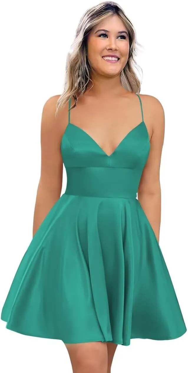 Spaghetti Strap Satin Homecoming Dresses for Teens 2025 V Neck A Line Short Prom Dress with Pocket Bridesmaid Gown