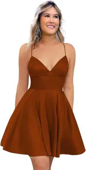 Spaghetti Strap Satin Homecoming Dresses for Teens 2025 V Neck A Line Short Prom Dress with Pocket Bridesmaid Gown