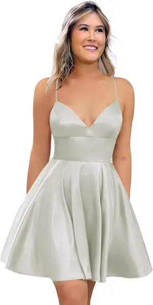 Spaghetti Strap Satin Homecoming Dresses for Teens 2025 V Neck A Line Short Prom Dress with Pocket Bridesmaid Gown