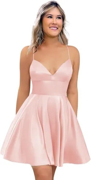 Spaghetti Strap Satin Homecoming Dresses for Teens 2025 V Neck A Line Short Prom Dress with Pocket Bridesmaid Gown
