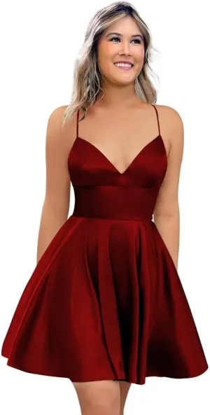 Spaghetti Strap Satin Homecoming Dresses for Teens 2025 V Neck A Line Short Prom Dress with Pocket Bridesmaid Gown