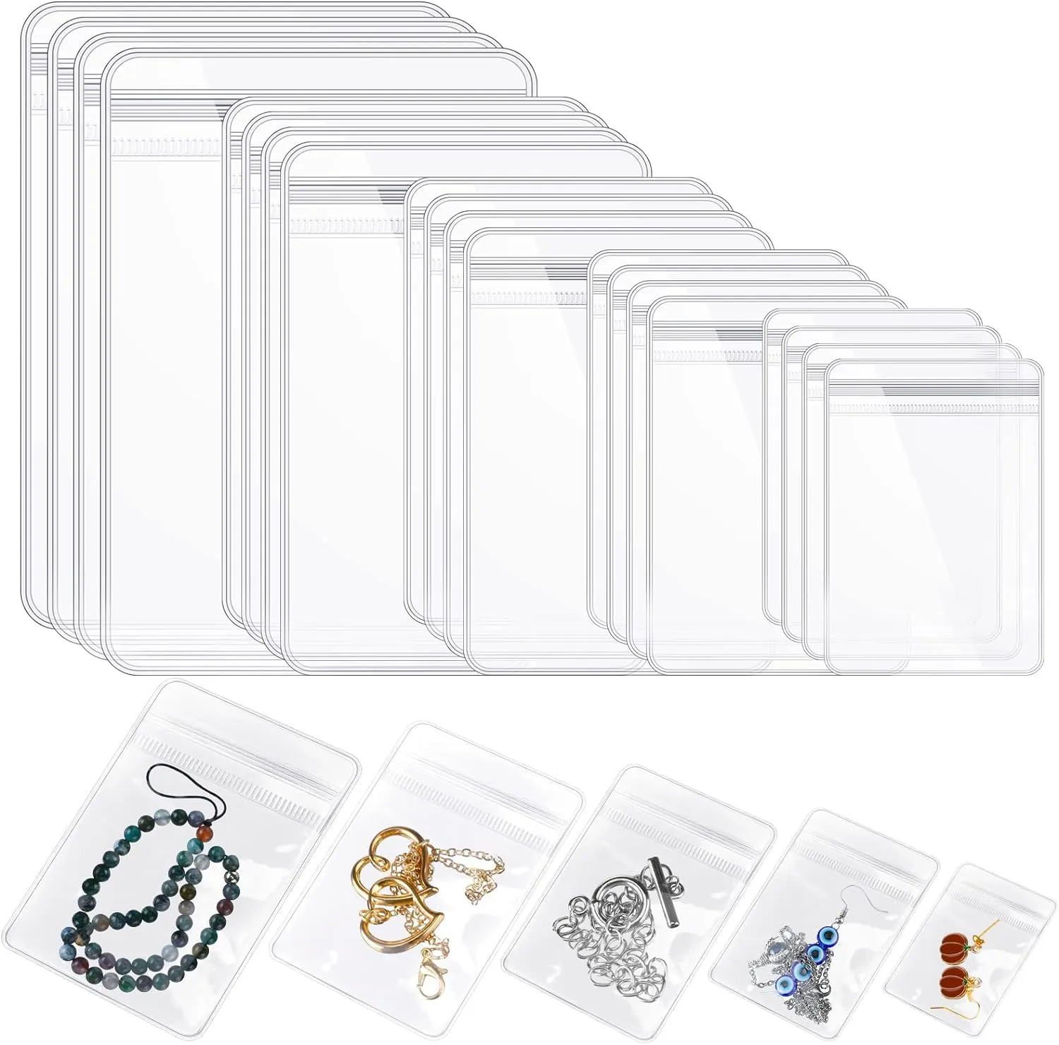 Spakon 160 Pcs Clear PVC Jewelry Bags Plastic Transparent Jewelry Pouches Rings Earrings Storage Bags Anti Tarnish Lock Plastic Small Zipper for Holding Jewelries(5 Sizes)
