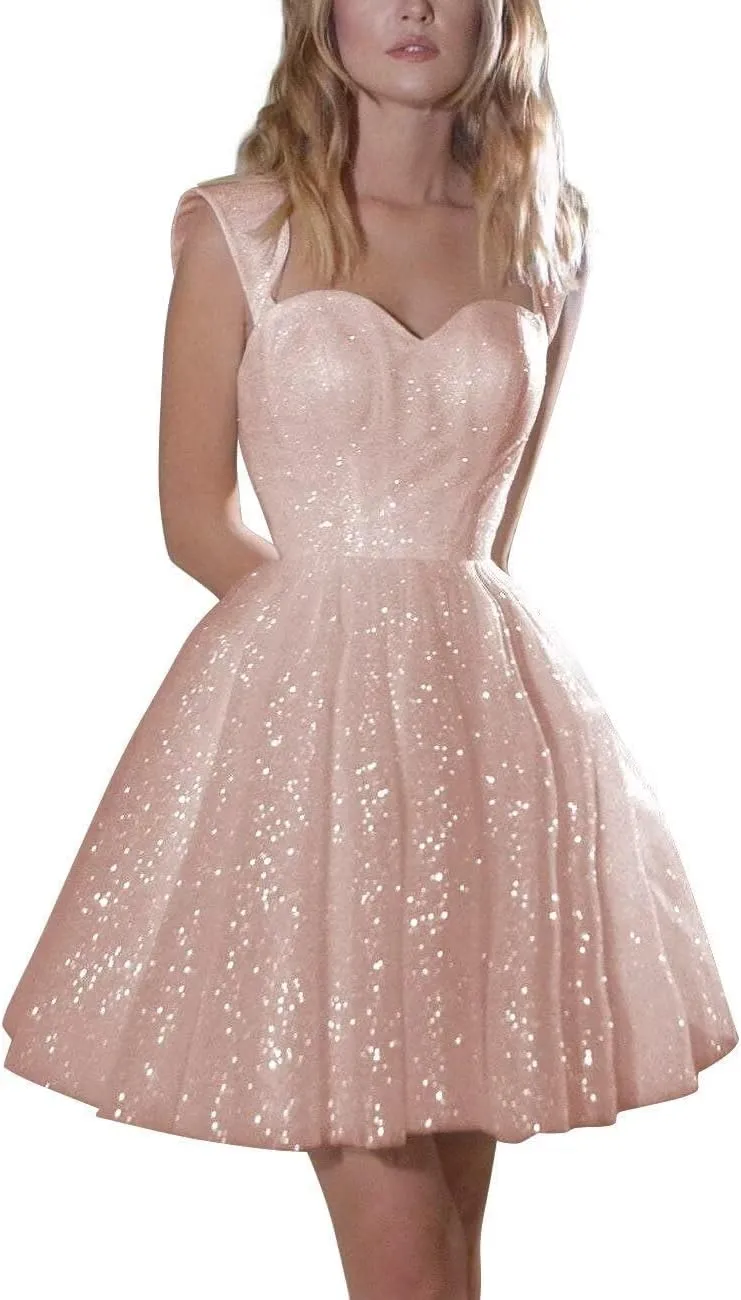 Sparkly Tulle Homecoming Dresses Off Shoulder Glitter Short Prom A line Short Formal Cocktail Gowns for Womens