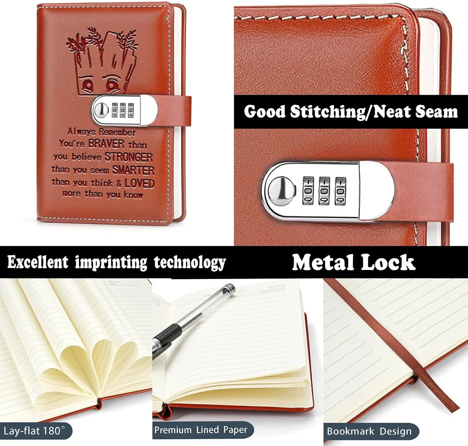 Spiderman Groot Fans Leather Combination Lock Notebook Always Remember You’re Braver Than You Believe Leather Locked Journal Notebook Super Spiderman Groot Fans Gifts (always remember)