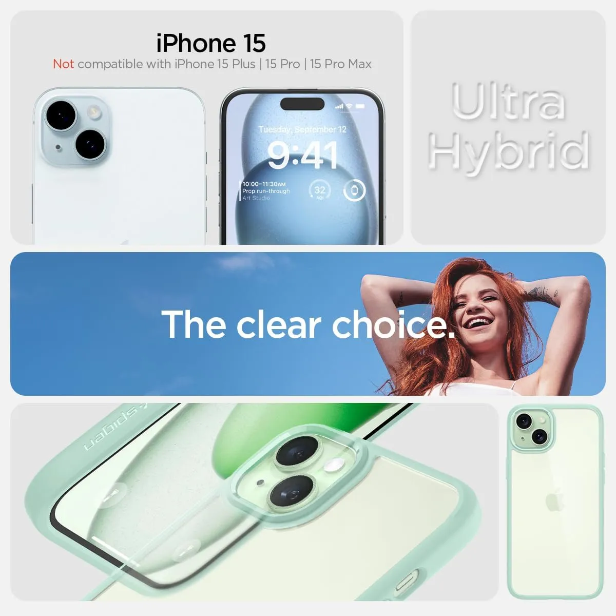 Spigen Ultra Hybrid Designed for iPhone 15 Case (2023) [Anti-Yellowing], [Military-Grade Protection] - Apple Green